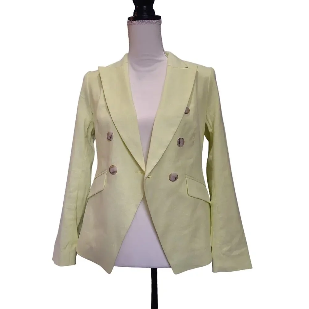 Linen Blazer Women’s Petite 4P Double Breasted Yellow Tailored Banana Republic